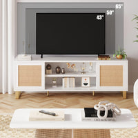 Garvee Meuble TV en rotin blanc moderne 168 cm avec rangement, portes en rotin, pieds dorés pour salon et chambre