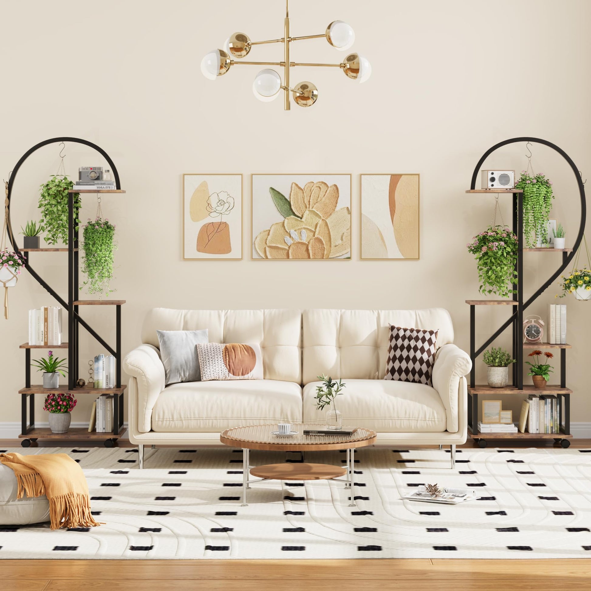 Ensemble Garvee de 2 supports à plantes en métal à 6 niveaux avec roulettes, design en demi-cœur, étagères en bois pour jardin et balcon, mobile, robuste, 173 cm (68 pouces), noir