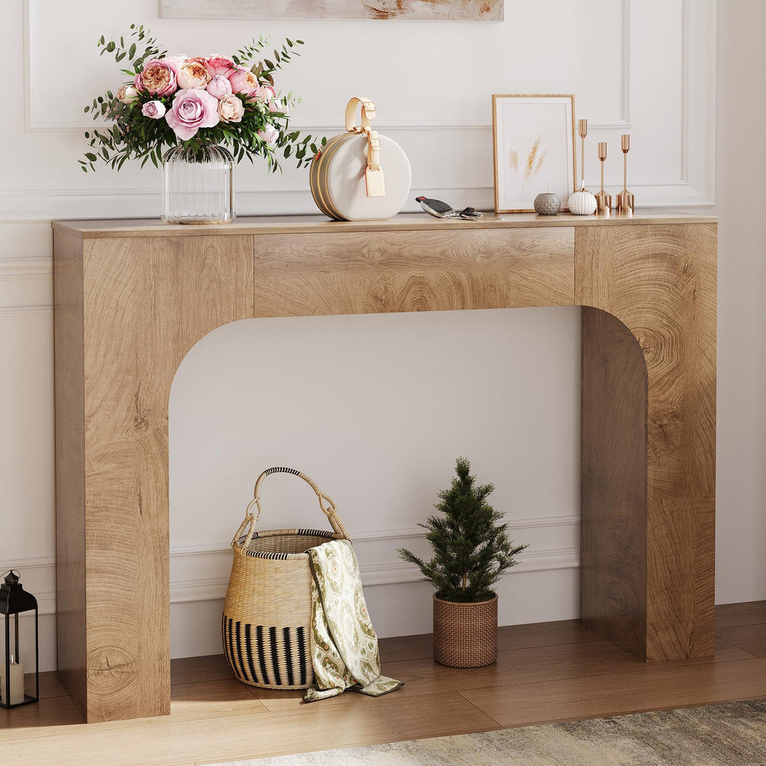 Console Garvee de style ferme de 119 cm (47 pouces), table d'entrée étroite en bois, construction robuste, salon, couloir, chêne foncé