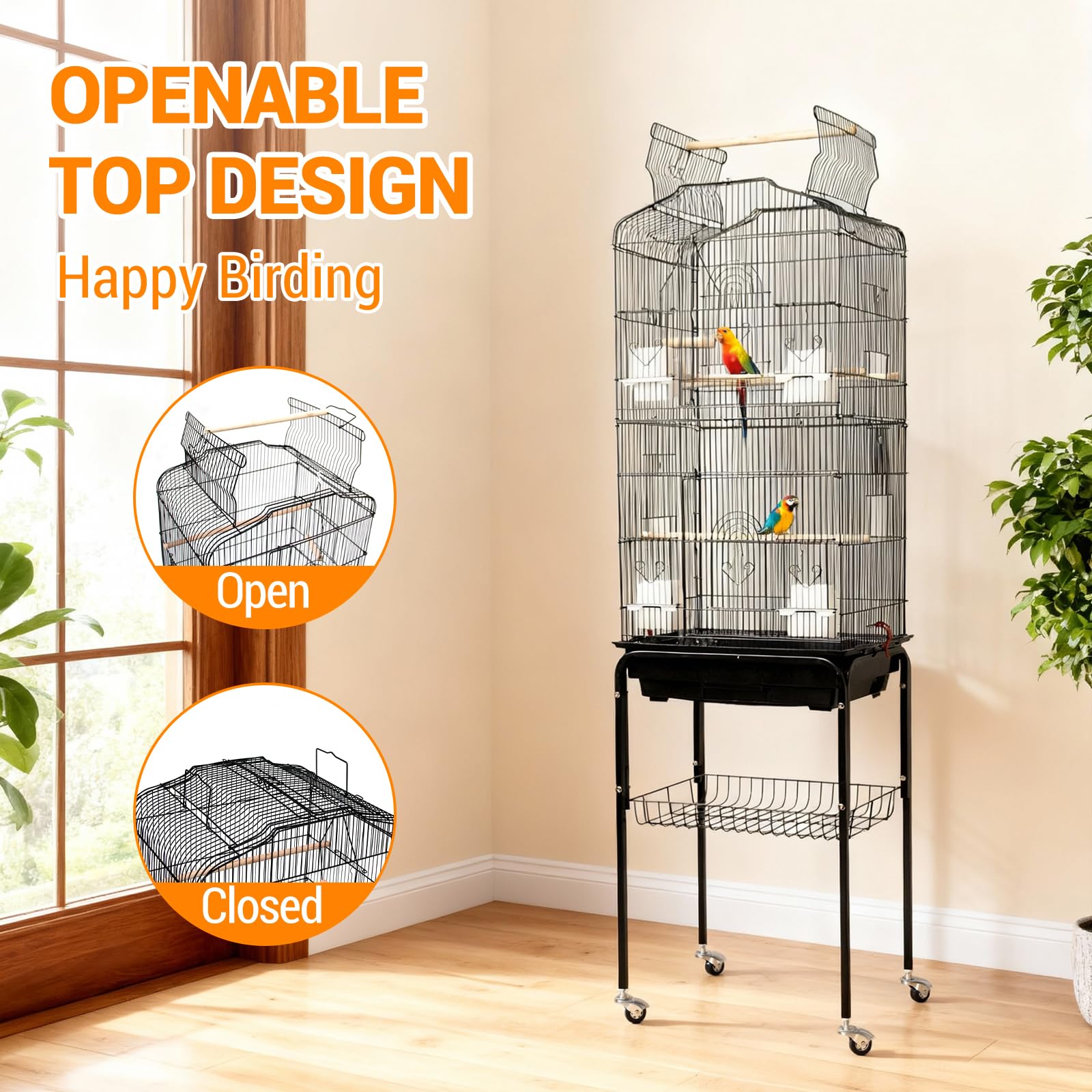 Cage à oiseaux Garvee avec plateforme de jeu, support à roulettes amovible, en métal, pour usage domestique et commercial, grand modèle, argentée