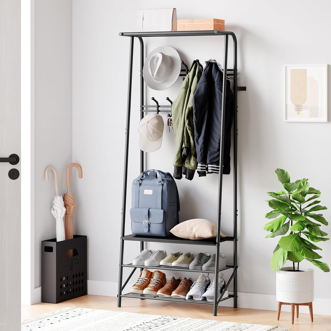 Porte-manteau et banc à chaussures Garvee 4 en 1, structure en métal et aspect bois – Rangement pour couloir, entrée et salon