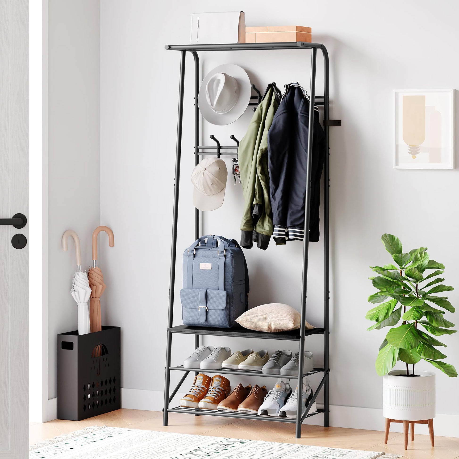 Garvee Porte-manteau et banc à chaussures 4 en 1, structure en métal et aspect bois – Rangement pour couloir, entrée et salon