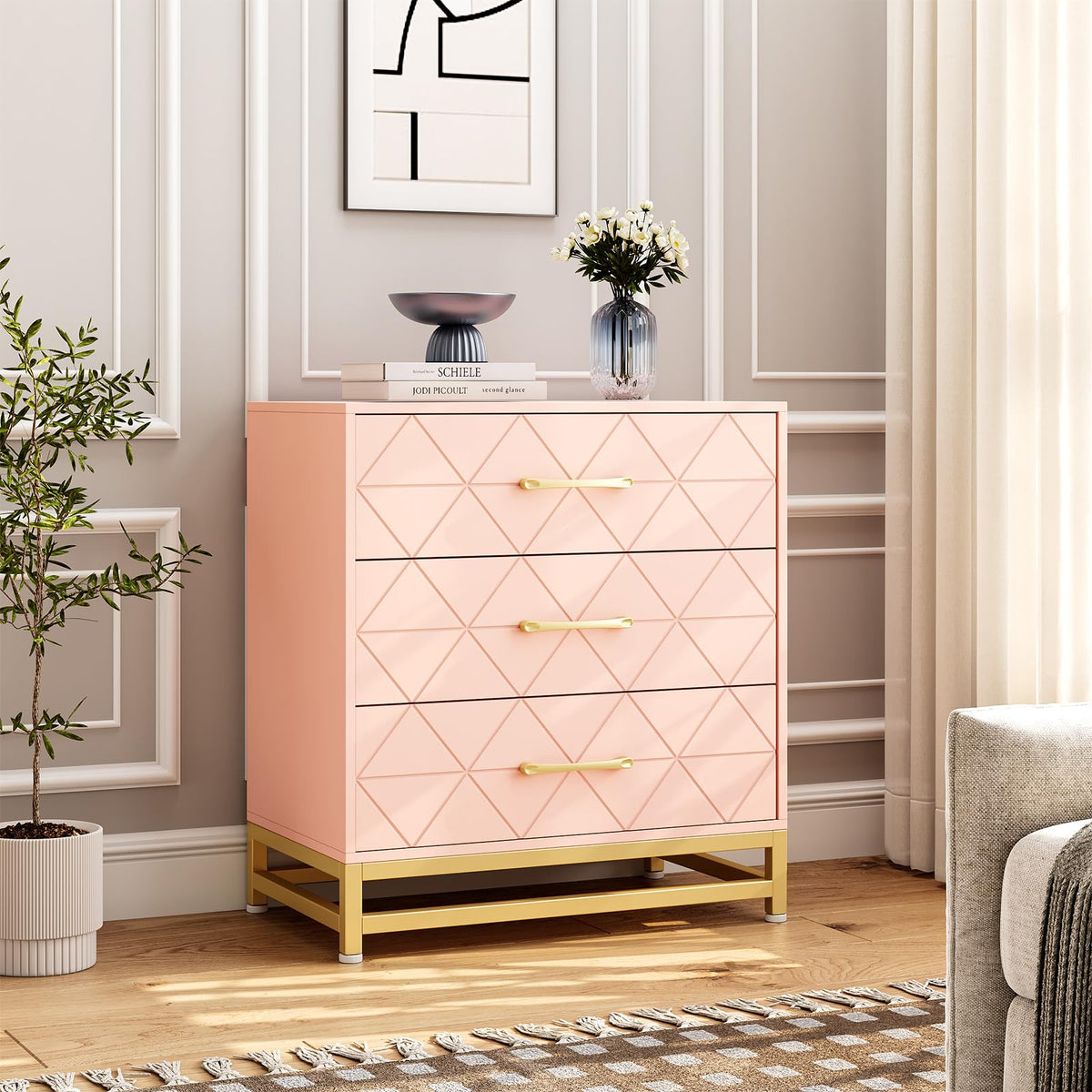 Garvee commode en bois avec 3 tiroirs, espace de rangement, MDF rose, anti-poussière, salon, chambre, entrée, compacte