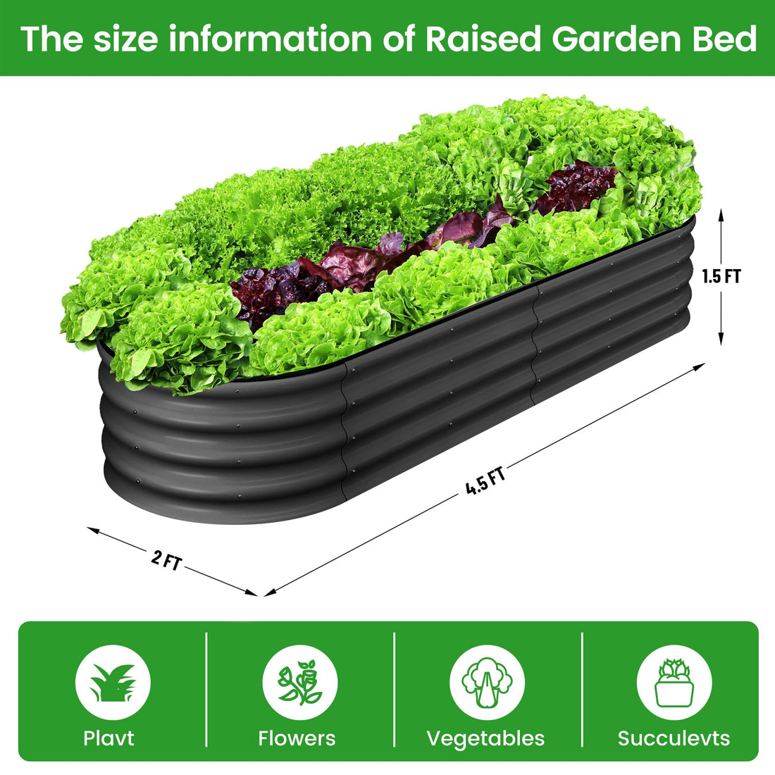 Jardinière surélevée ovale Garvee, acier galvanisé, double protection anticorrosion, fond ouvert, 137 x 61 x 46 cm, grise, terrasse de jardin