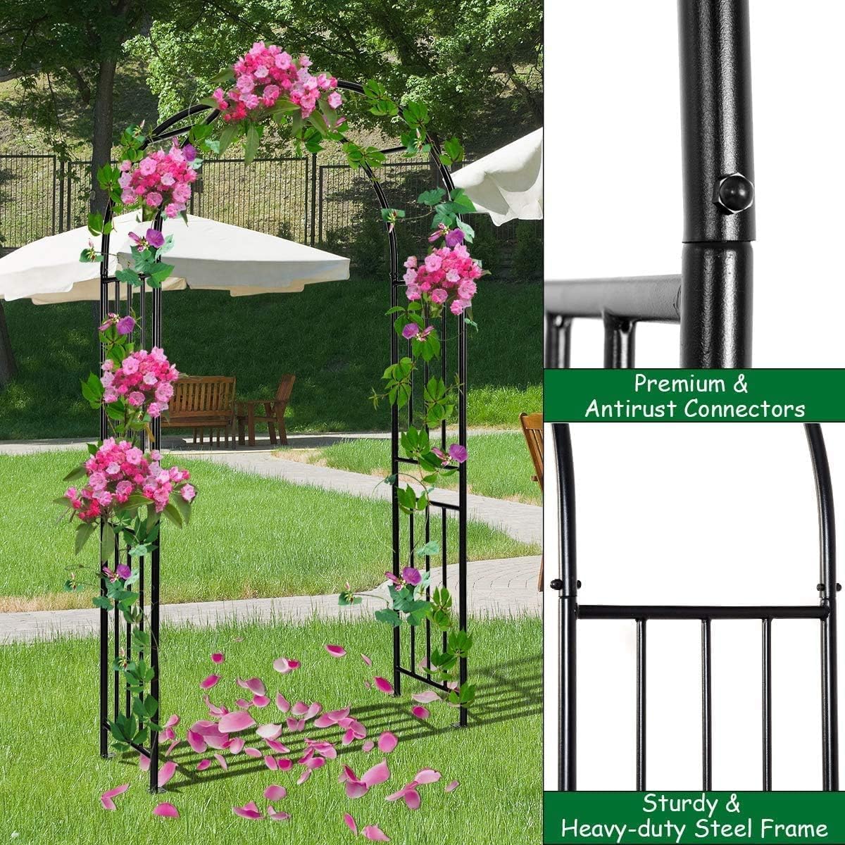 Garvee Arche de jardin en acier noir, tonnelle robuste pour plantes grimpantes, mariage, fête, décoration extérieure, pelouse, terrasse et allée