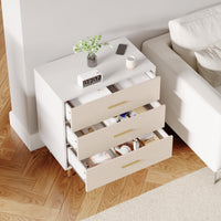 Commode élégante Garvee à 3 tiroirs, blanche avec détails dorés, pour chambre et salon, design minimaliste, construction robuste