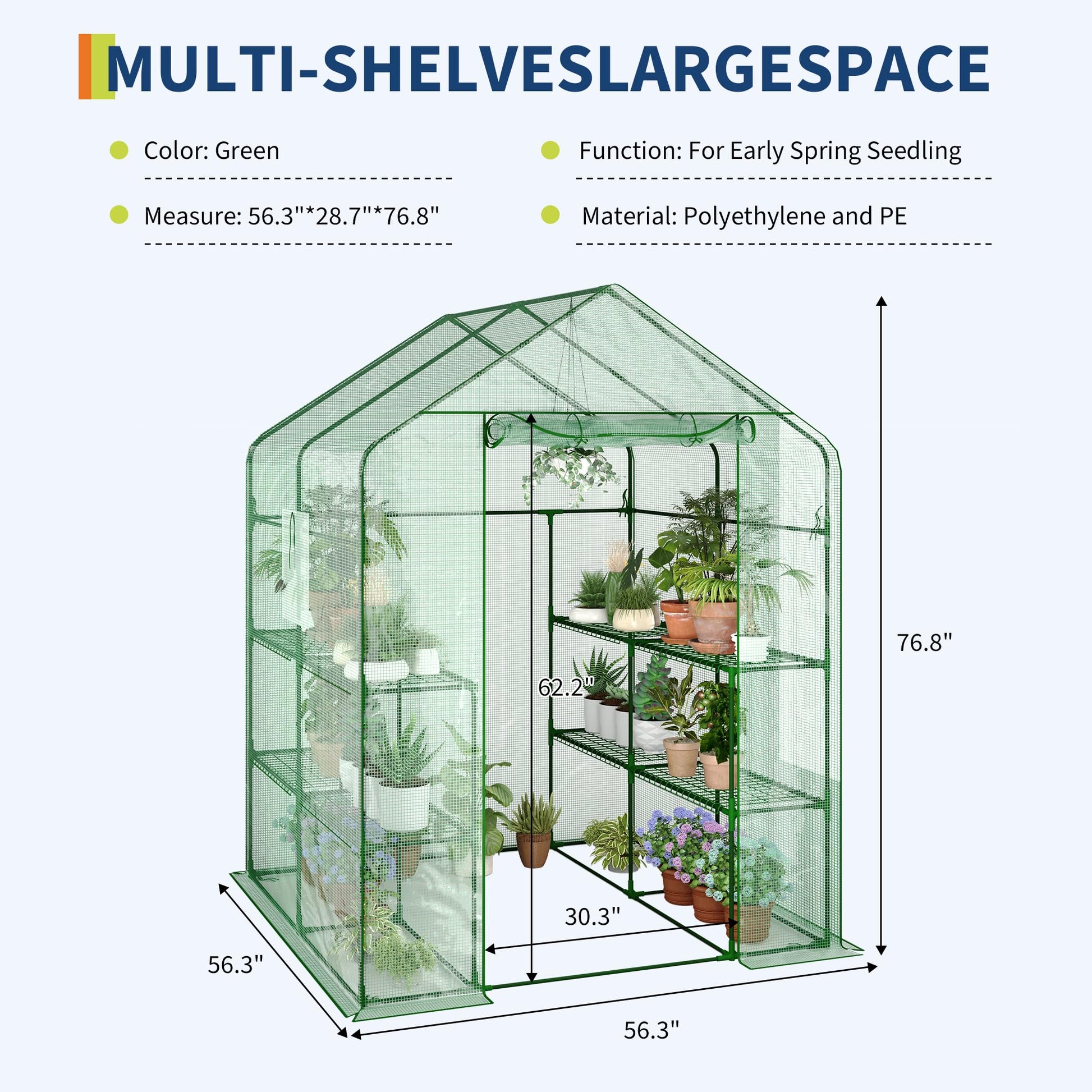 Serre Garvee 57 x 57 x 76 pouces (145 x 145 x 193 cm) à 3 niveaux et 12 étagères, bâche épaisse en PE, fenêtre, portable pour l'intérieur et le jardin.