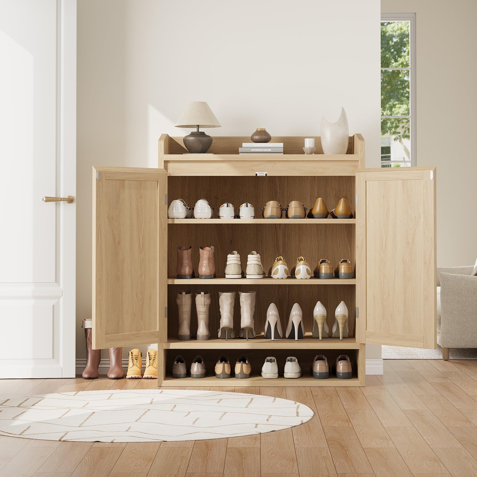 Rangement à chaussures moderne en rotin Garvee avec étagères réglables, structure en MDF, résistant à la poussière, idéal pour l'entrée et le salon, 80 cm (L) x 40 cm (l) x 100 cm (H), style bohème et rustique marron