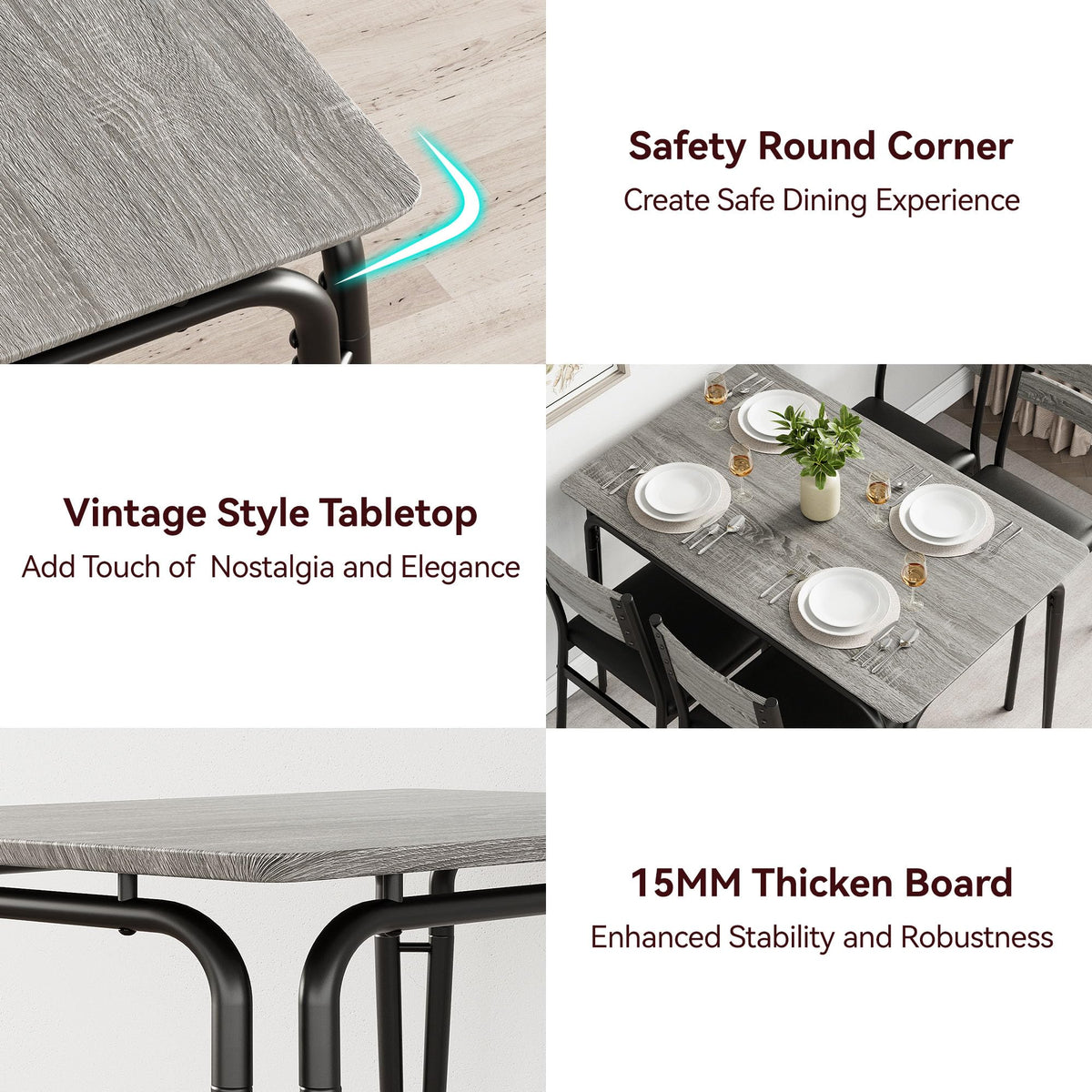 Garvee table de salle à manger pour 2 personnes avec chaises rembourrées, en MDF, structure en métal, gain de place, idéale pour les petits appartements, carrée, grise