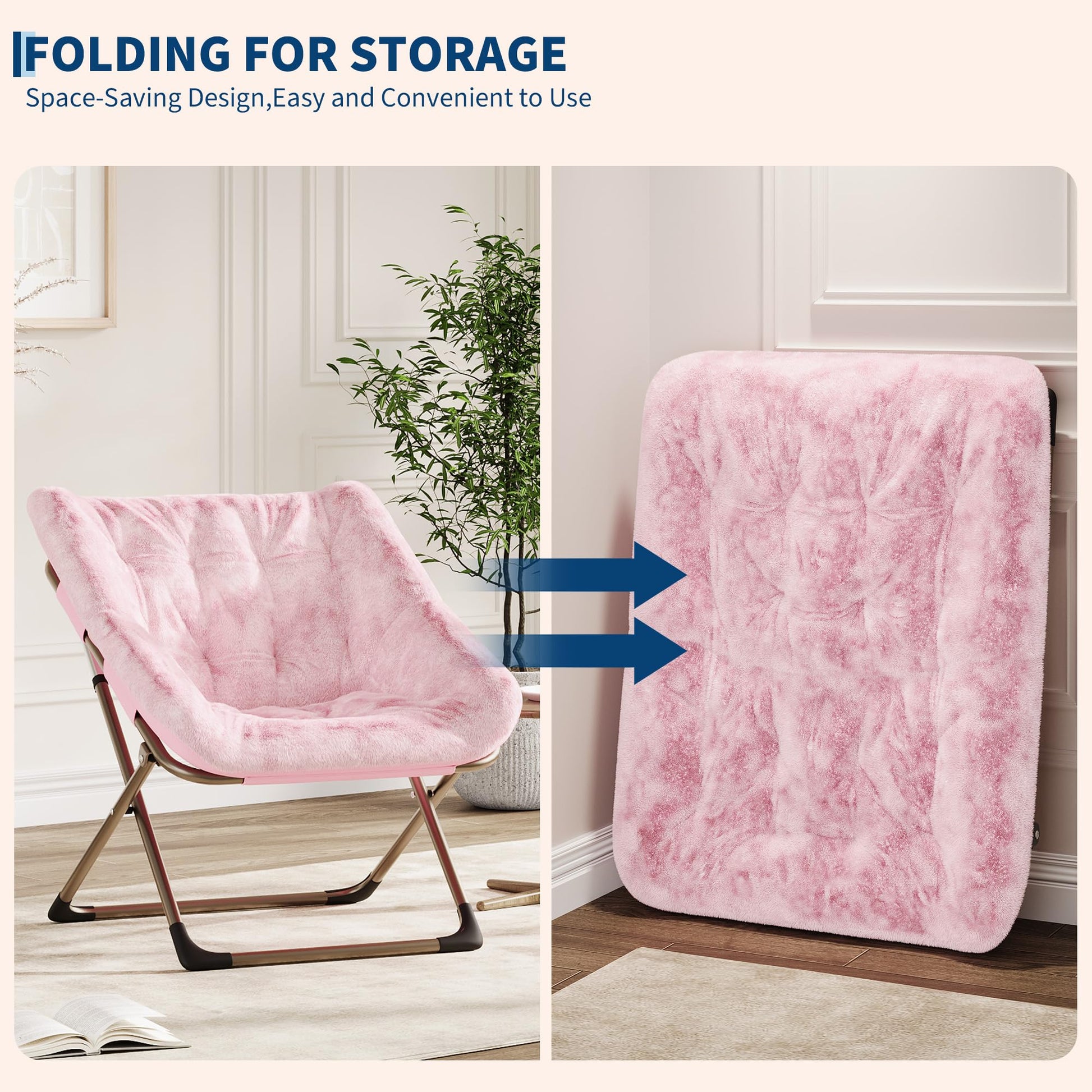 Garvee Fauteuil saucer pliable adulte en fausse fourrure, structure métallique, capacité 136 kg, idéal chambre et appartement, rose