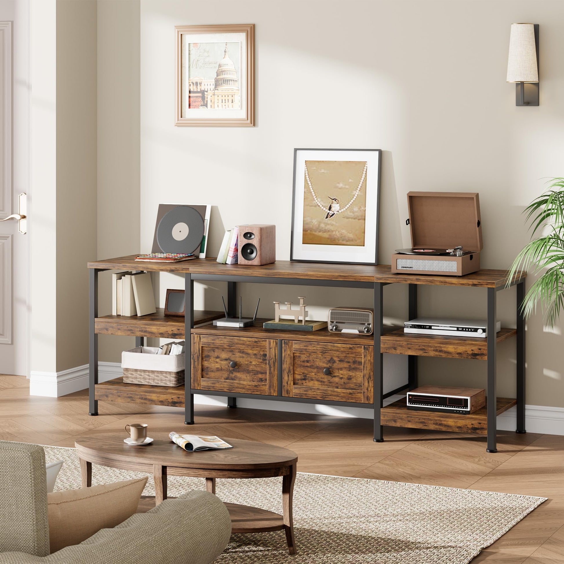 Meuble TV industriel Garvee 79 pouces avec 2 tiroirs, style rustique, marron, pour salon et bureau