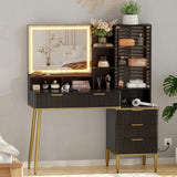 Garvee Coiffeuse cannelée avec miroir et éclairage LED, 5 tiroirs, station de chargement USB, noir et or, chambre, 114 cm (114 cm)