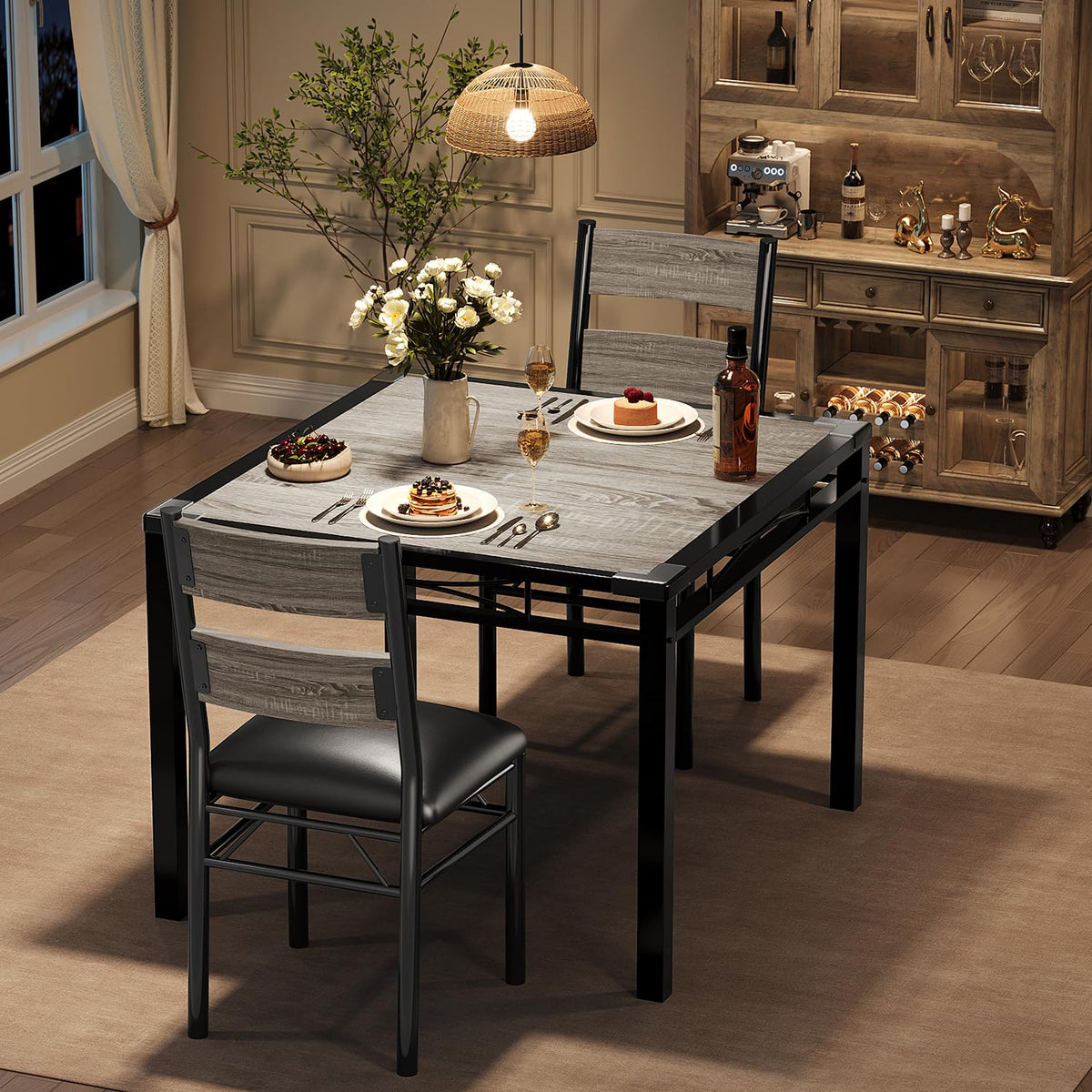 Ensemble table et chaises Garvee pour 2 personnes avec chaises rembourrées, protections d'angle, ergonomique, en MDF, structure en acier, gris rétro, compact pour cuisine et appartement
