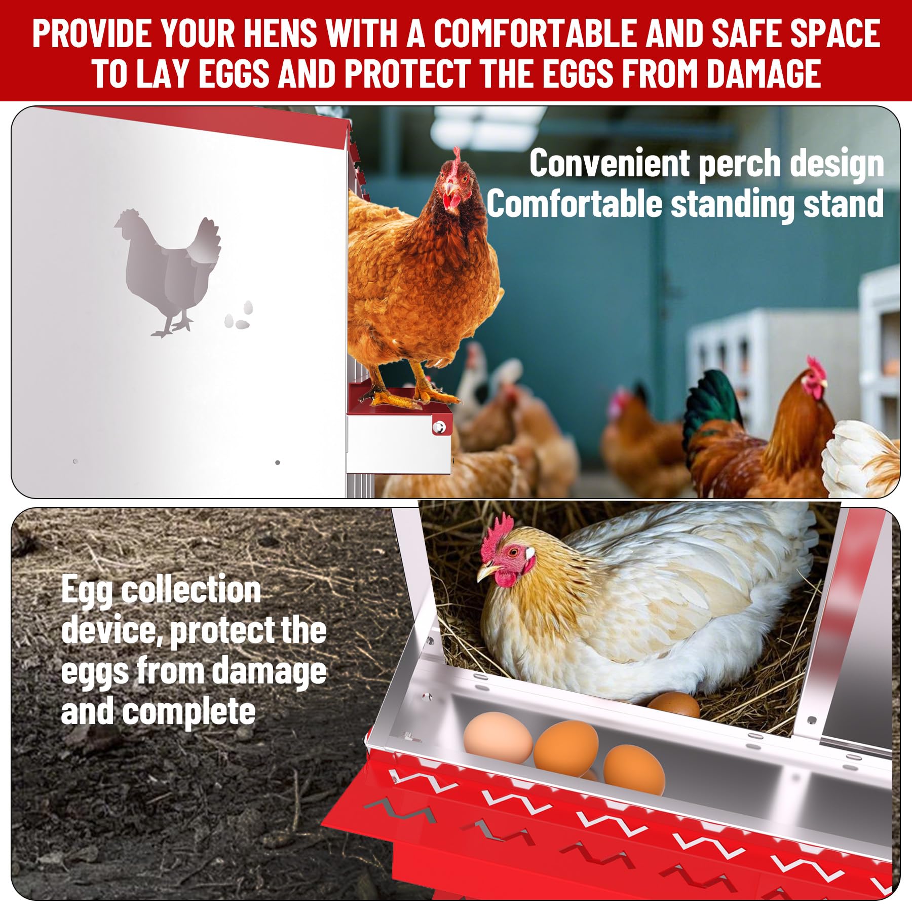 Garvee pondoir métallique pour poules à 10 compartiments, acier galvanisé robuste, système de collecte automatique des œufs par roulement, conception ventilée, fixation murale, rouge, pour poulailler et basse-cour