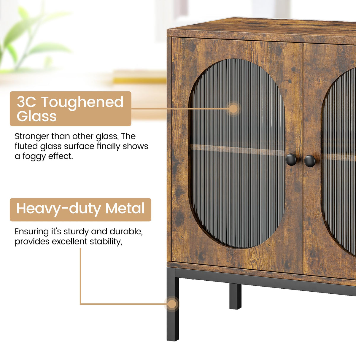 Garvee buffet avec façade en verre et étagère réglable, 80 cm, pour salon et cuisine, brun rustique