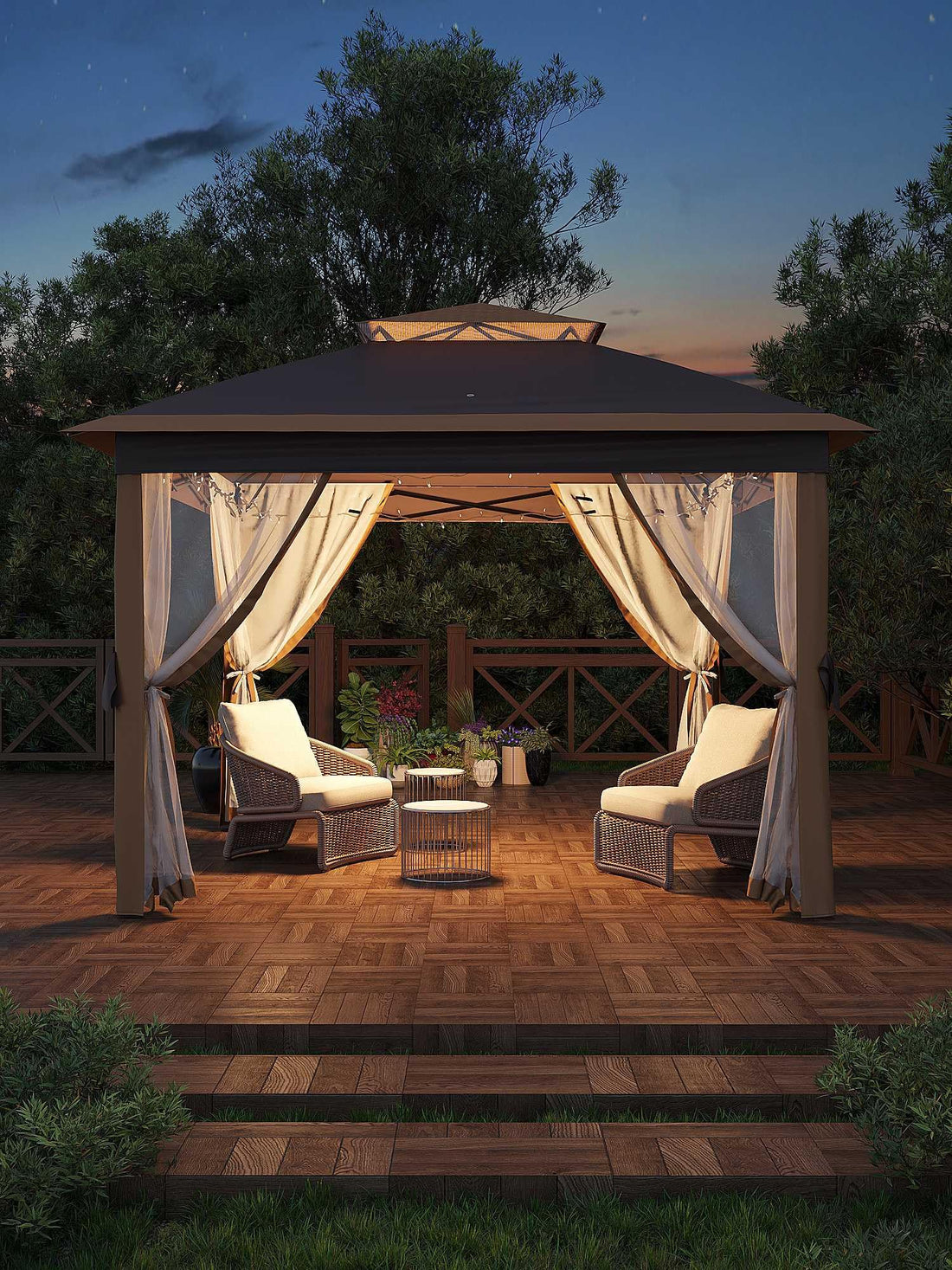 Pavillon pliant Garvee 11x11 avec moustiquaire, résistant à l'eau et aux UV, structure métallique, forme triangulaire pour fêtes en extérieur et jardins, 3,35 m x 3,35 m, gris