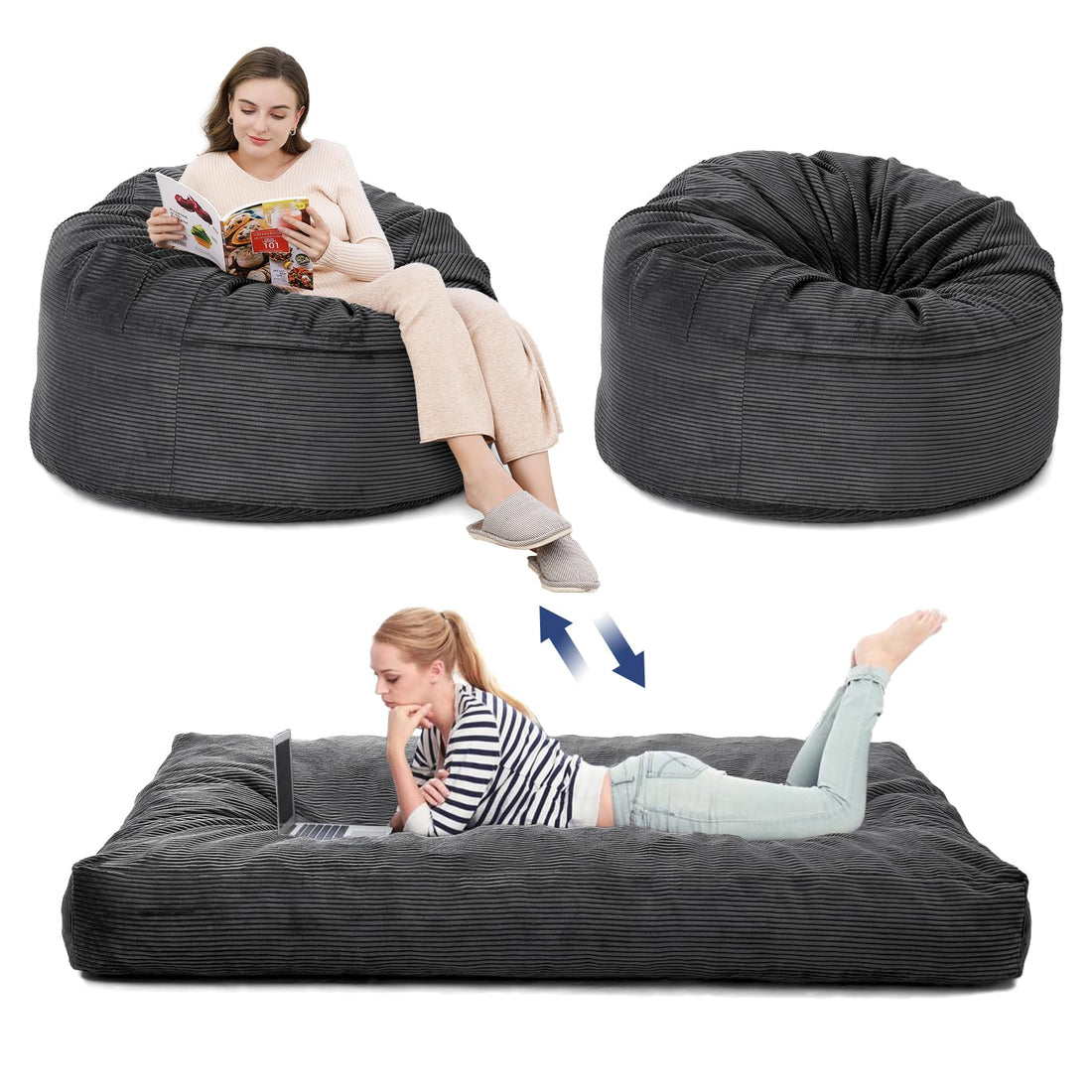 Garvee Pouf grand modèle en velours côtelé, housse pliable et lavable 2 en 1, gris foncé, pour salon ou chambre