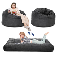 Pouf Garvee grand modèle en velours côtelé, housse pliable et lavable 2 en 1, gris foncé, pour salon ou chambre.
