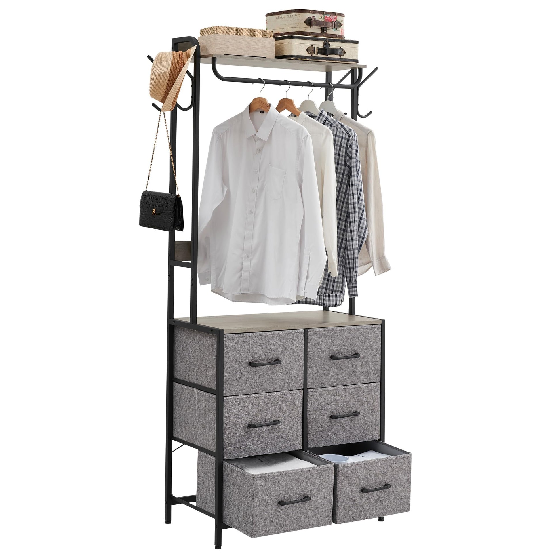 Portant à vêtements Garvee avec 4 tiroirs en tissu, structure en métal et plateau en bois, idéal pour la chambre et l'entrée. Gain de place, sûr et compact.
