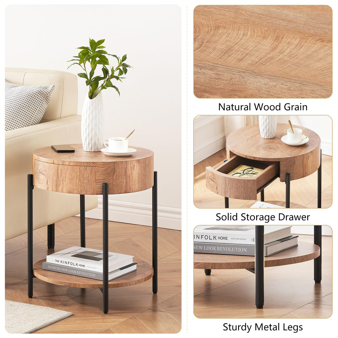 Garvee table d'appoint ronde en bois avec tiroir, structure en métal, style vintage pour le salon et la chambre, 50 cm, brune