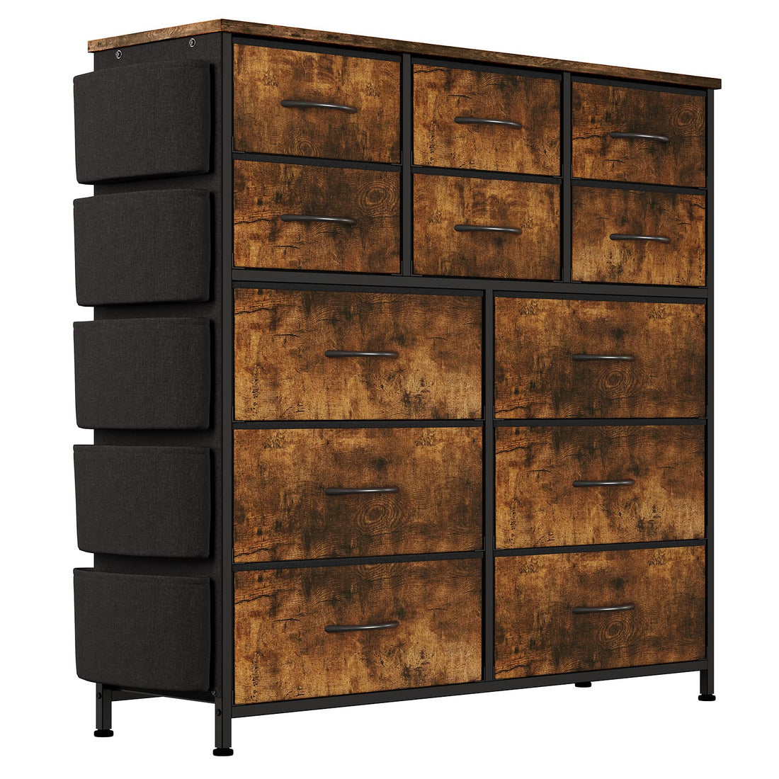 Commode Garvee à 12 tiroirs, revêtement en tissu, structure en métal, plateau en bois, idéale pour la chambre et l'entrée, robuste.