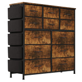 Garvee commode à 12 tiroirs, revêtement en tissu, structure en métal, plateau en bois, idéale pour la chambre et l'entrée - Brun rustique