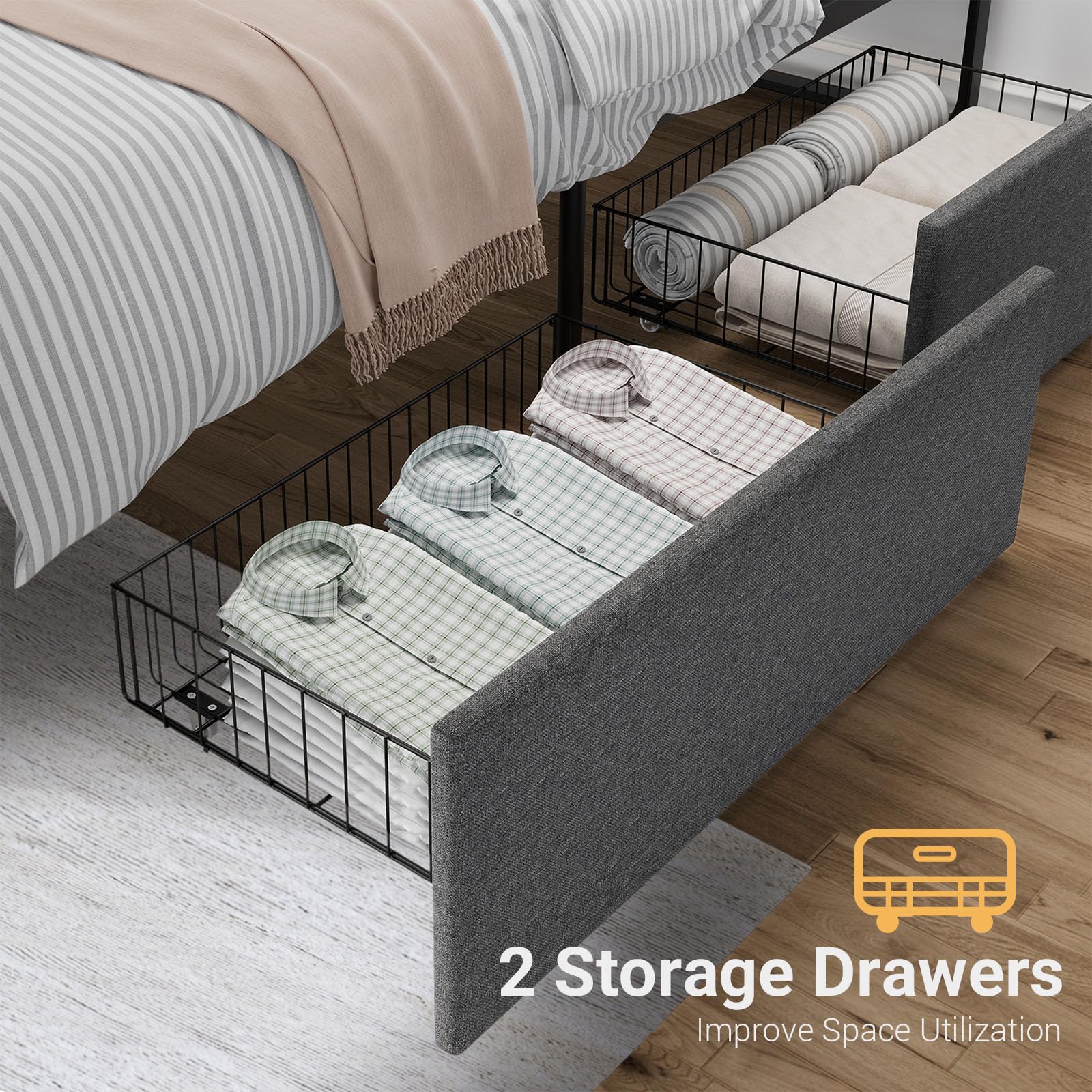 Cadre de lit Garvee Queen Size avec tête de lit, 2 tiroirs, sommier à lattes métalliques, silencieux, tissu en lin gris, chambre à coucher