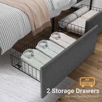 Cadre de lit Garvee Queen Size avec tête de lit, 2 tiroirs, sommier à lattes métalliques, silencieux, tissu en lin gris, chambre à coucher