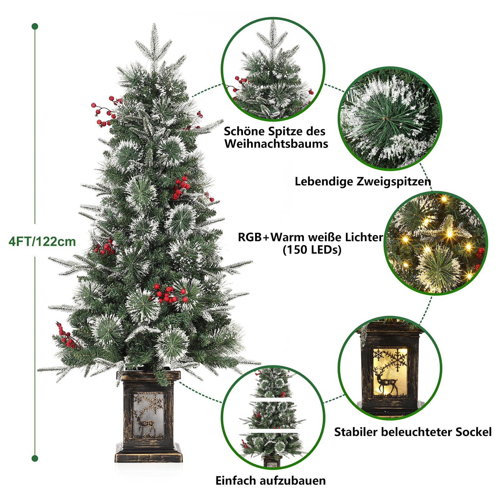Sapin de Noël artificiel Garvee 125 cm avec éclairage LED et socle renne - Décoration de Noël festive