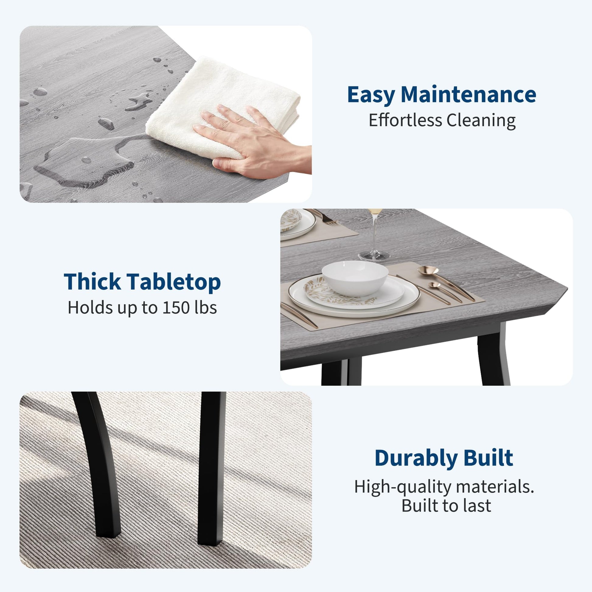 Ensemble de salle à manger Garvee pour 4 personnes, table robuste en bois avec pieds en métal, banc rembourré et 2 chaises, design moderne, gain de place, gris