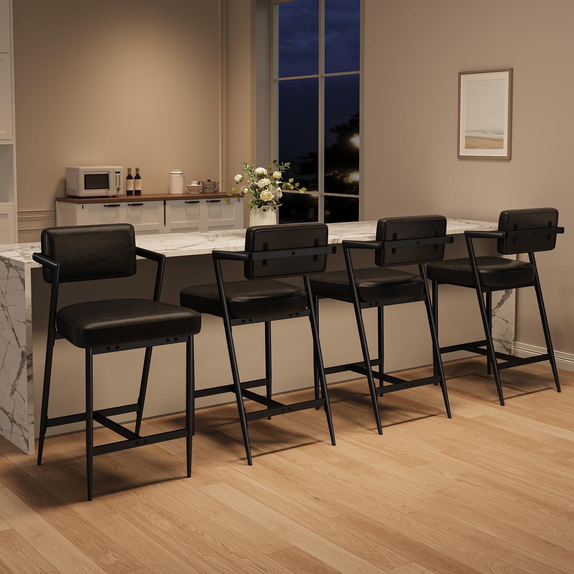 Ensemble de 2 tabourets de bar Garvee, chaises rembourrées avec dossier et repose-pieds pour cuisine et bar, 68 cm, cuir PU noir résistant à l'eau