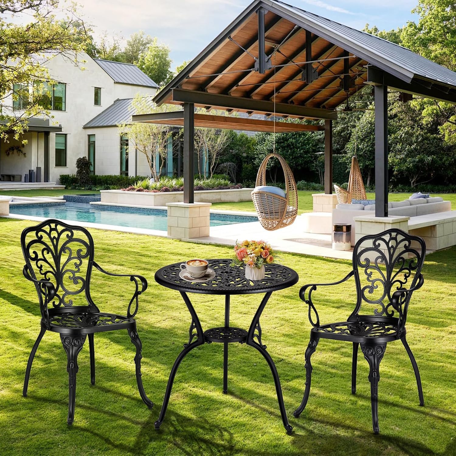 Ensemble bistro d'extérieur Garvee 3 pièces, en aluminium résistant aux intempéries et à la rouille, avec trou pour parasol, mobilier de jardin et de balcon, noir.