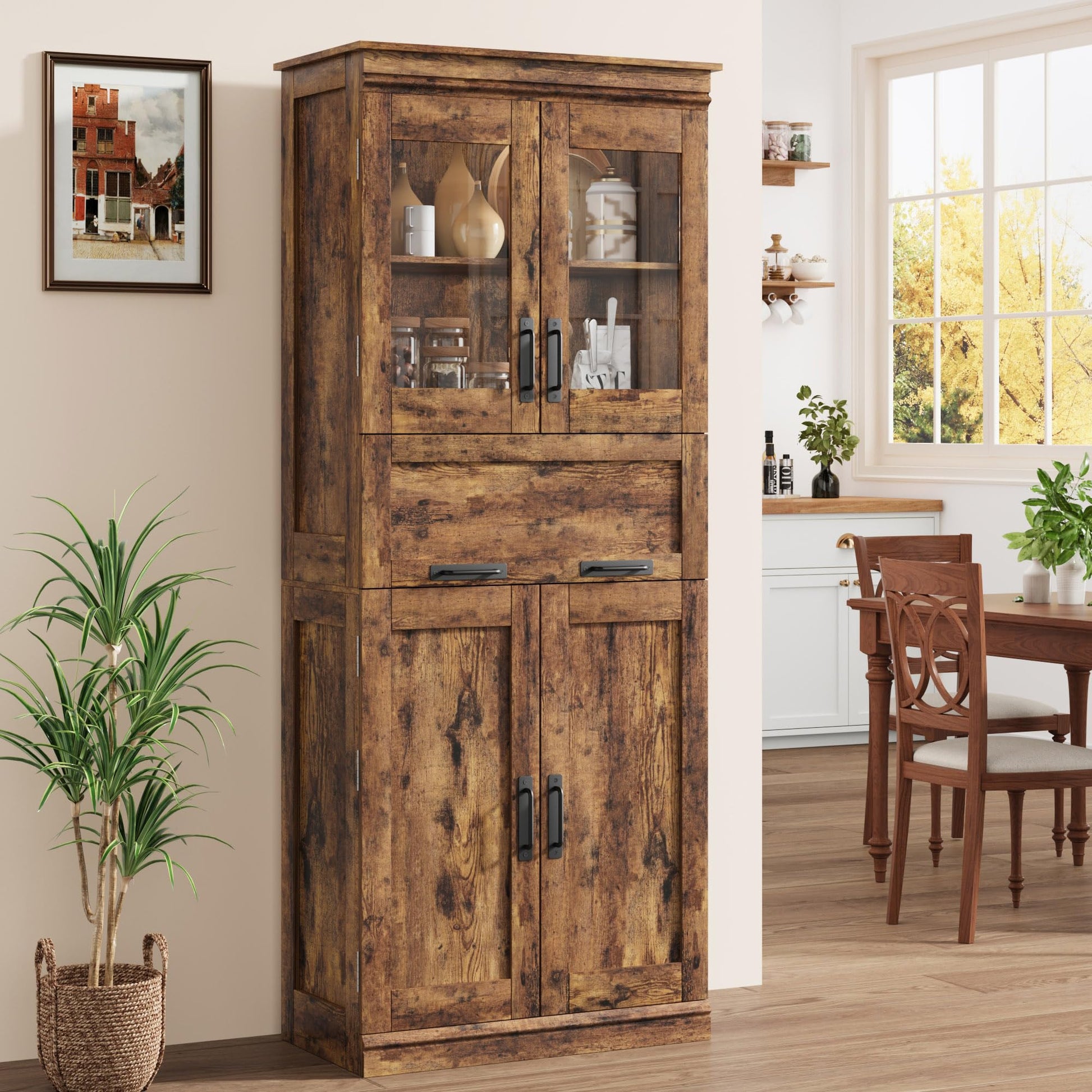 Meuble de salle de bain Garvee de 170 cm de haut avec 4 portes et tiroir en verre, idéal pour la salle de bain et la cuisine. Étagères réglables, couleur brun rustique, en MDF. Robuste et moderne.