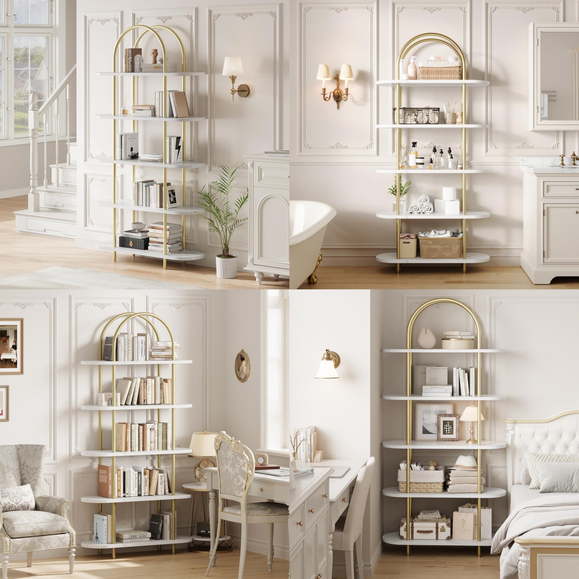 Garvee Étagère arquée 180,3cmà 5 niveaux, structure en métal, finition marbre doré et blanc, pour le salon