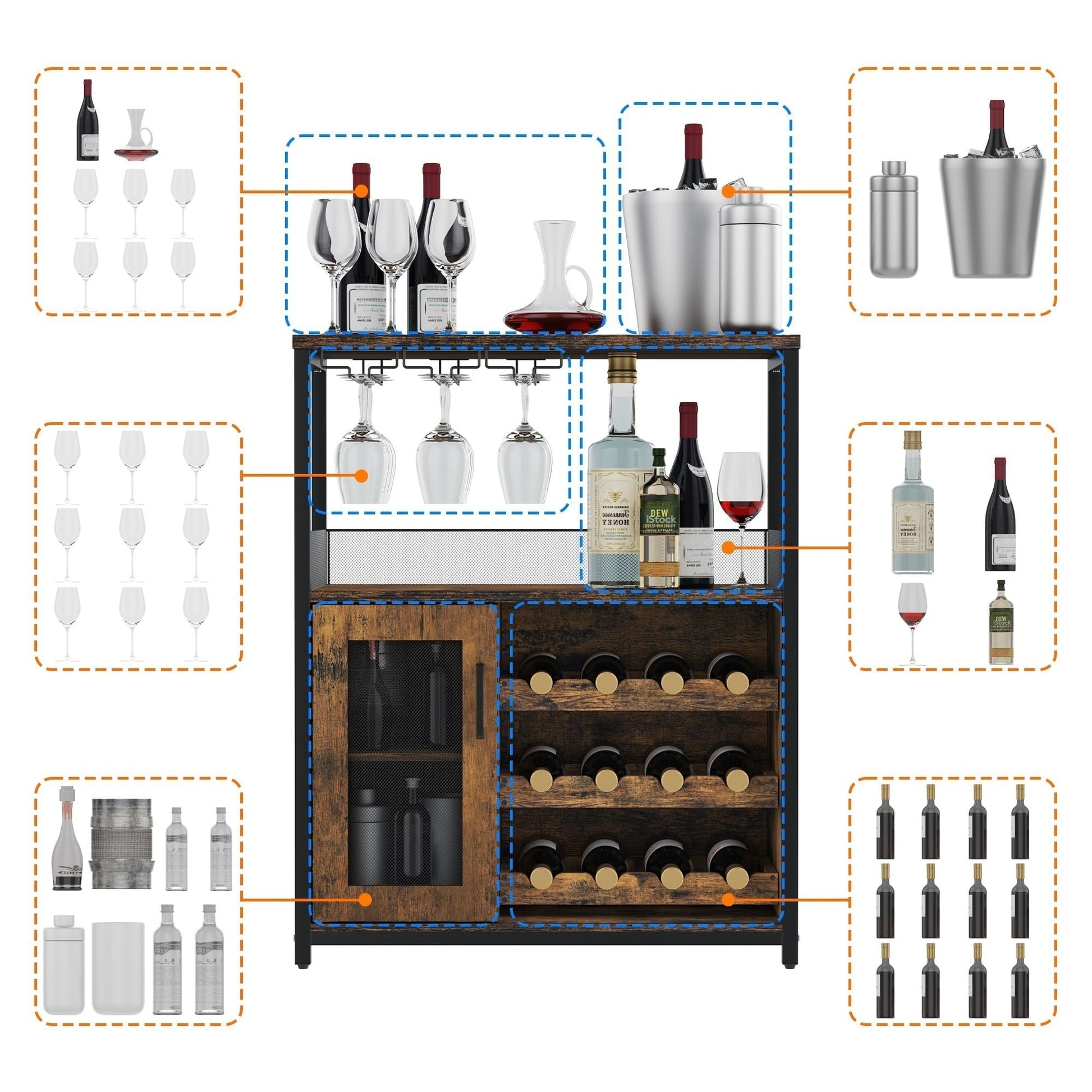 Meuble bar à vin Garvee à 3 niveaux avec casier à bouteilles amovible, porte-verres et porte grillagée pour cuisine et salon, 69 cm L x 35 cm P x 92 cm H, MDF et fer, polyvalent