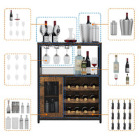 Meuble bar à vin Garvee à 3 niveaux avec casier à bouteilles amovible, porte-verres et porte grillagée pour cuisine et salon, 69 cm L x 35 cm P x 92 cm H, MDF et fer, polyvalent
