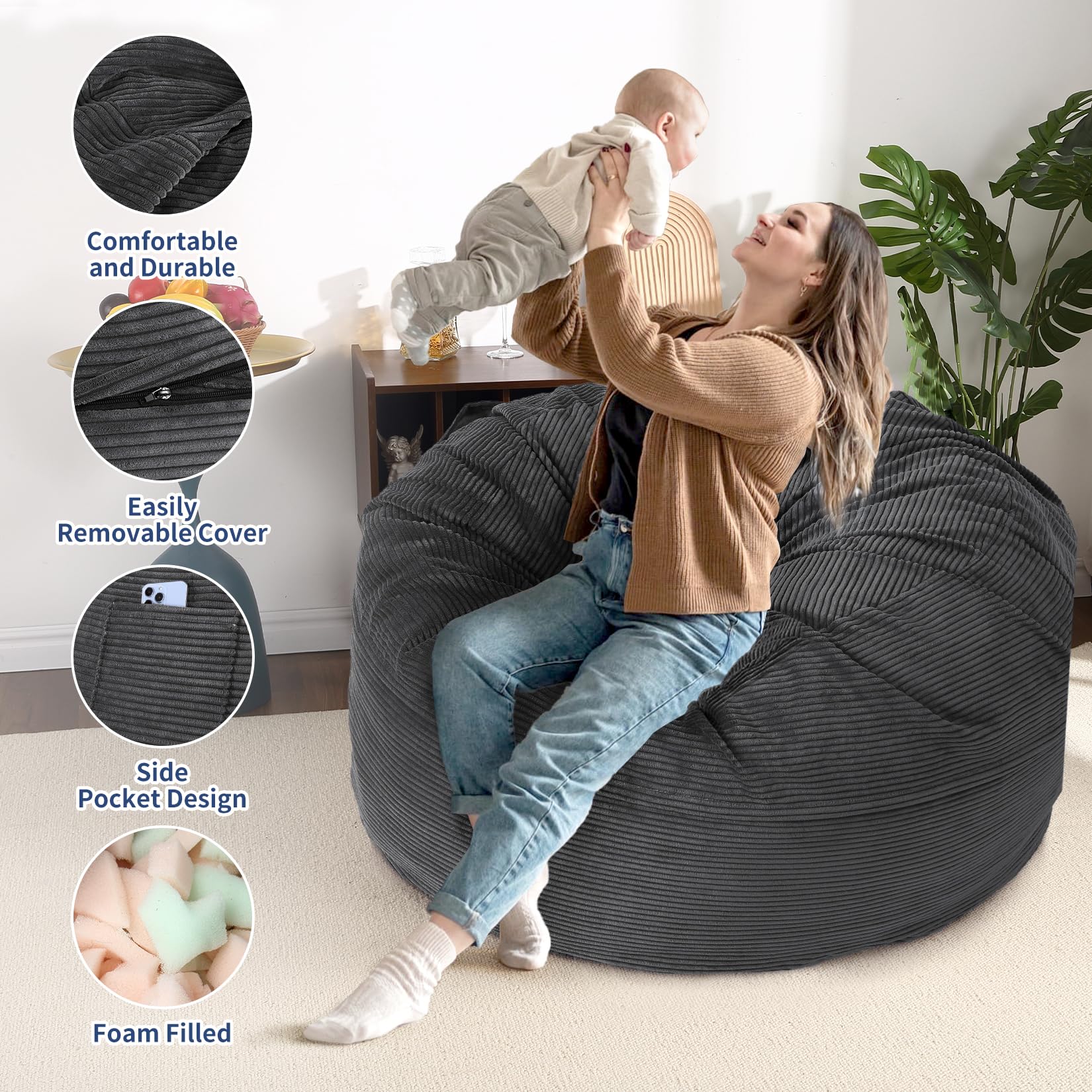Pouf Garvee grand modèle en velours côtelé, housse pliable et lavable 2 en 1, gris foncé, pour salon ou chambre.