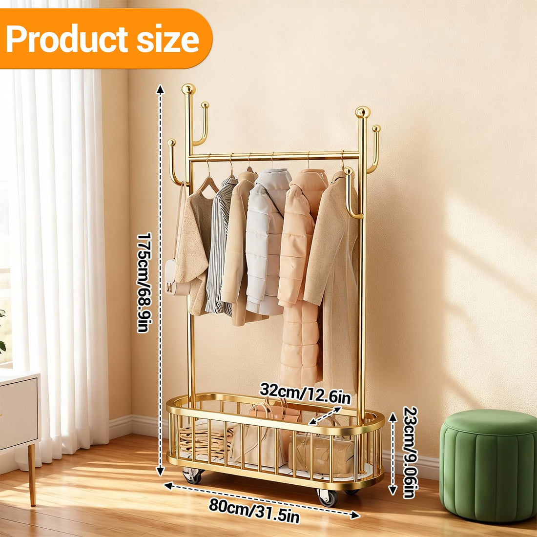 Garvee Ptant à vêtements à roulettes avec structure en métal, roulettes pivotantes à 360°, grand panier pour chambre et boutique, 100 × 175 cm, couleur métallisée, or, 80 × 32 cm