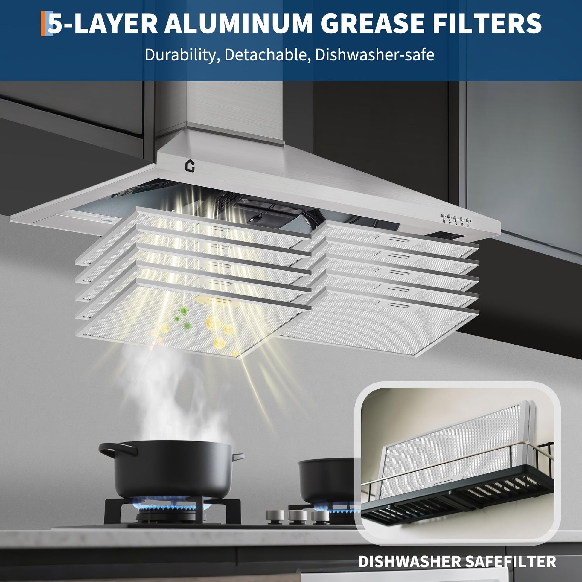 Hotte Garvee 76 cm (30 pouces) avec filtre en aluminium pour cuisine, 250 pi³/min (7 m³/min), commandes tactiles et télécommande, silencieuse, convertible, argent