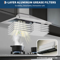 Hotte Garvee 76 cm (30 pouces) avec filtre en aluminium pour cuisine, 250 pi³/min (7 m³/min), commandes tactiles et télécommande, silencieuse, convertible, argent