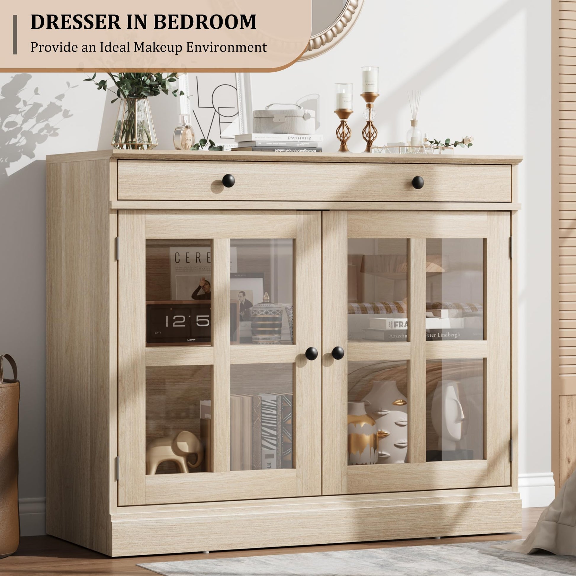 Buffet Garvee 90 cm avec porte vitrée, étagères réglables, fermeture amortie, chêne, salle à manger et cuisine, construction robuste, montage facile