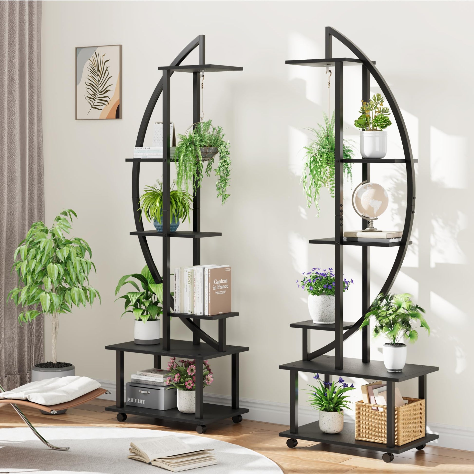 Ensemble Garvee de 2 pièces : support à plantes en métal à 6 niveaux avec roulettes amovibles et étagères en bois en forme de croissant, pour l'intérieur et le jardin, 175 cm (69 pouces), noir.