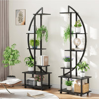 Ensemble Garvee de 2 pièces : support à plantes en métal à 6 niveaux avec roulettes amovibles et étagères en bois en forme de croissant, pour l'intérieur et le jardin, 175 cm (69 pouces), noir.