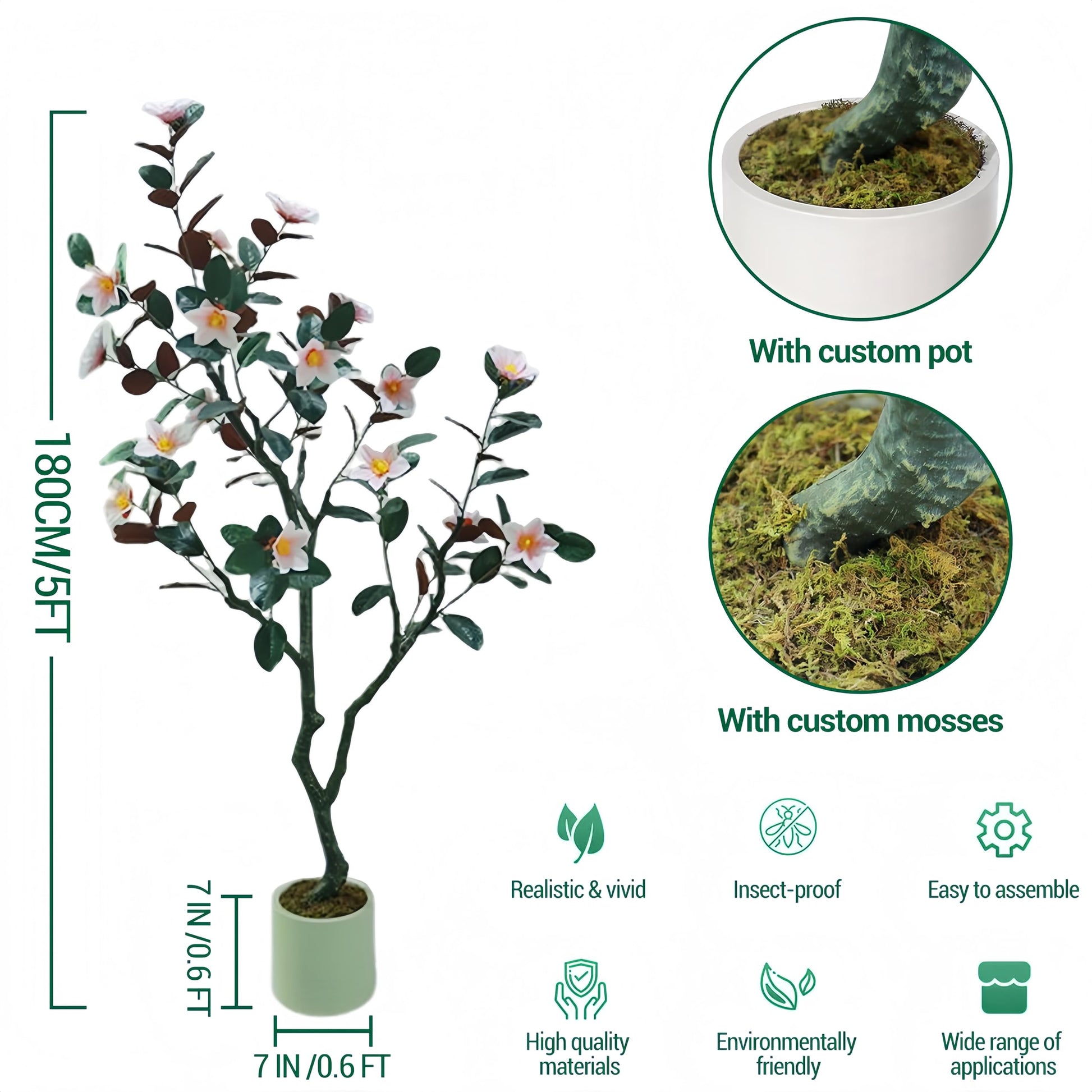 Magnolia artificiel Garvee de 1,80 m avec fleurs et feuilles épanouies, pot robuste pour salon et bureau, vert
