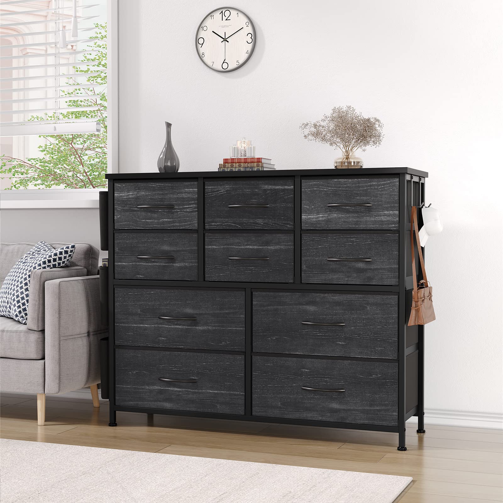 Garvee commode à 10 tiroirs, revêtement en tissu, glissières métalliques, plateau en bois imperméable, idéale pour la chambre et le salon