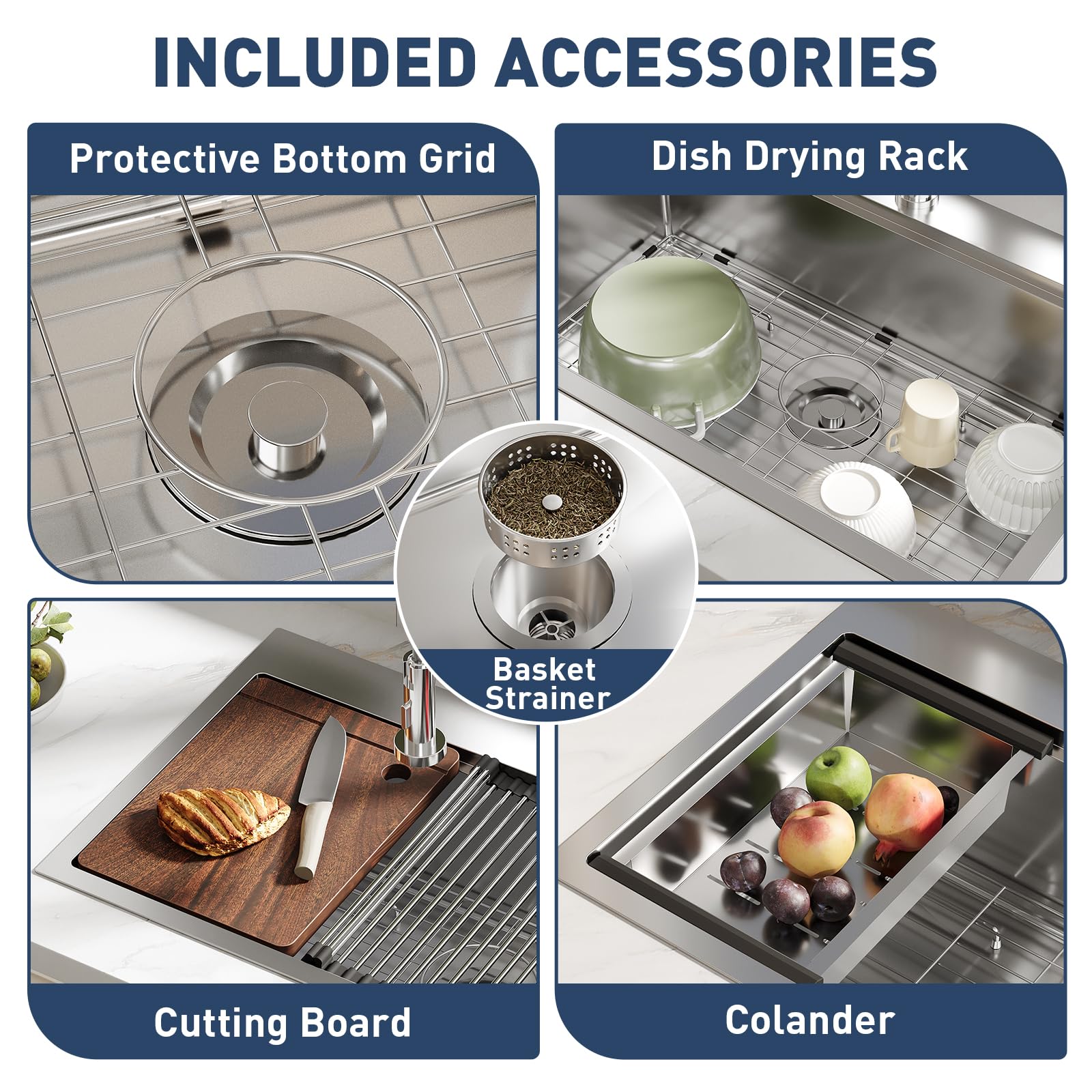 Garvee Évier encastrable en acier inoxydable 76 x 46 cm, cuve simple profonde 23 cm, kit d’accessoires inclus, idéal cuisine, bar et atelier, gris argenté