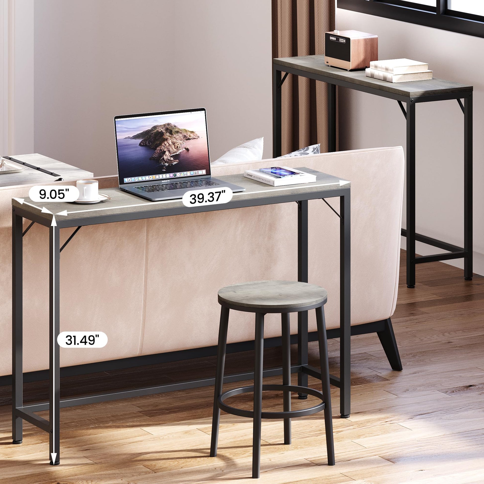 Console Garvee grise, table d'appoint étroite, style industriel, 100 cm L x 23 cm x 80 cm H, MDF et métal, robuste, polyvalente, salon et entrée