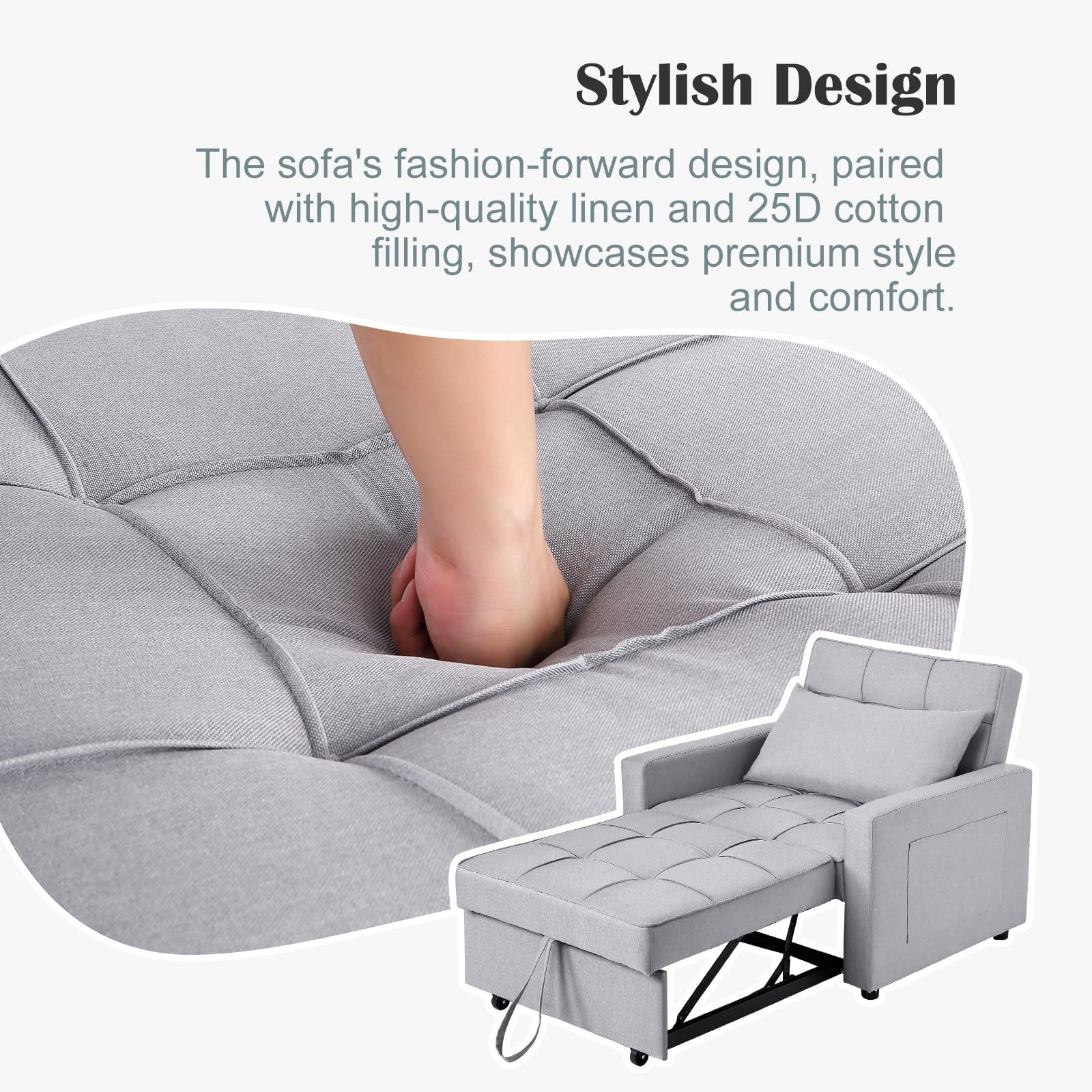 Canapé-lit/fauteuil convertible 3 en 1 Garvee, revêtement en lin, 192 x 96 x 59 cm, gris clair