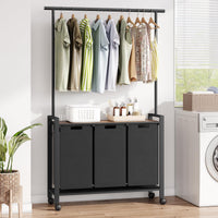 Trieur à linge Garvee avec roulettes et barre de suspension, panier à linge à 3 compartiments, tissu Oxford, marron rustique, pour buanderie