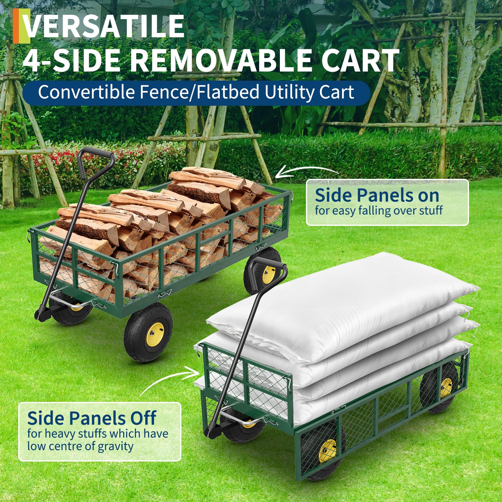 Garvee Chariot de jardin basculant 408 kg avec côtés amovibles, poignée rotative 180° et pneus 25 cm, acier robuste tout-terrain pour jardin et ferme